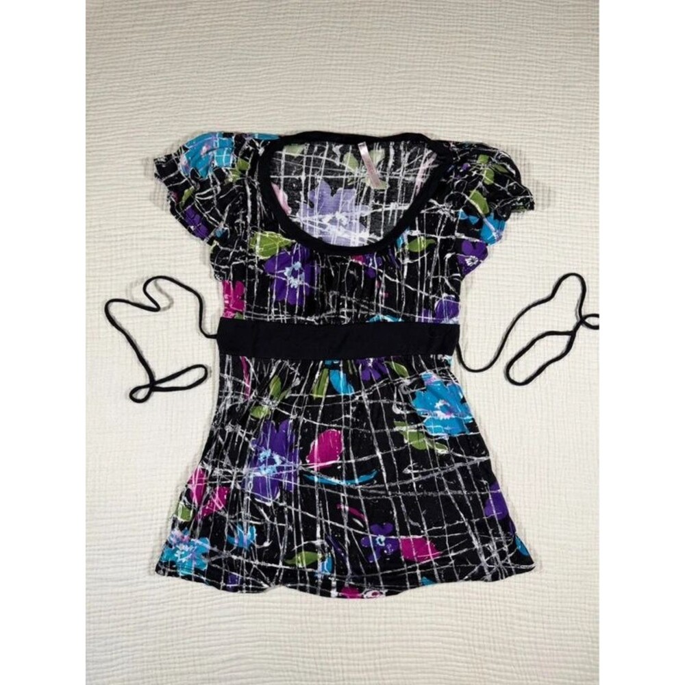 Y2K Rue 21 Colorful Abstract Print Top Size Small Black Graphic Shirt